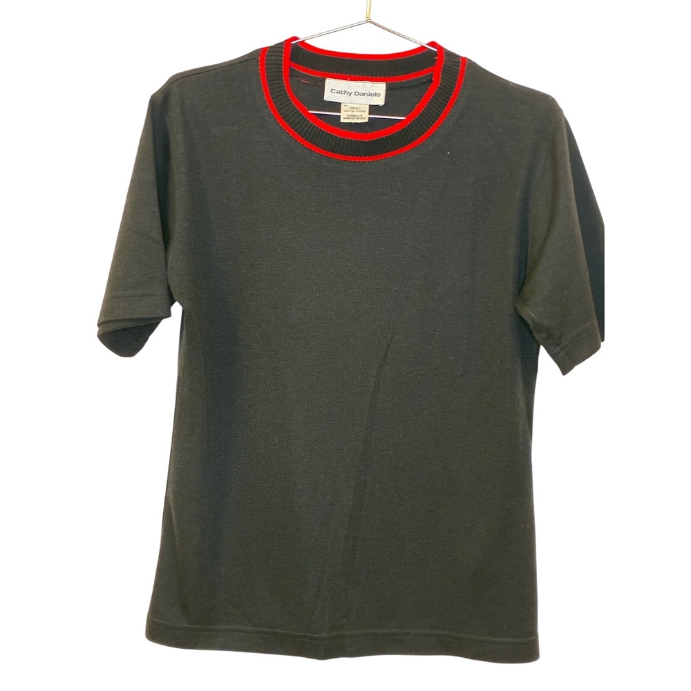Cathy Daniels Vintage Black Red Ringer Crew Neck Short Sleeve Sweater Top Small